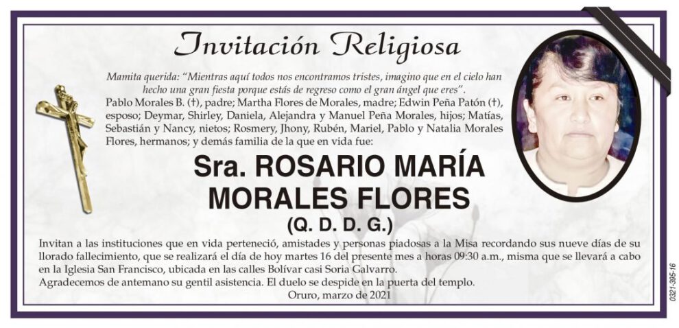Invitación Religiosa para Sra. Rosario María Morales Flores