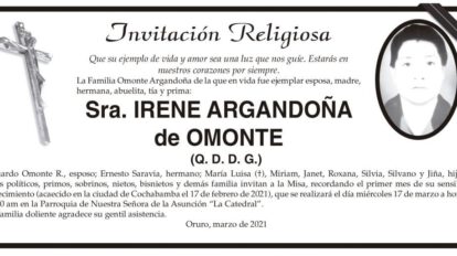Irene Argandoña de Omonte, invitación religiosa
