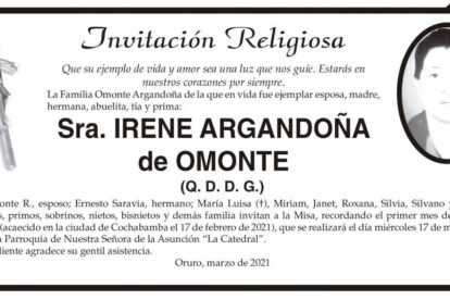 Irene Argandoña de Omonte, invitación religiosa