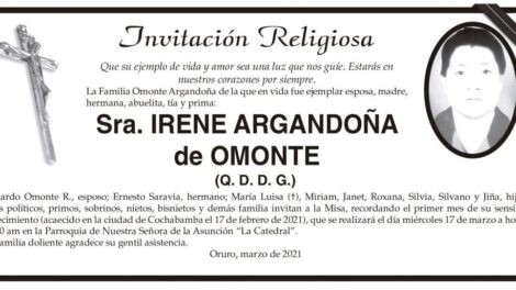 Irene Argandoña de Omonte, invitación religiosa