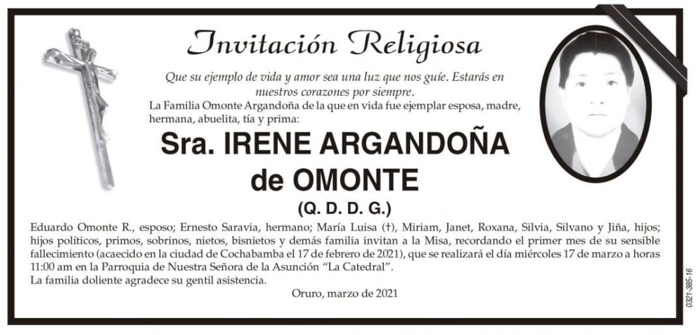 Irene Argandoña de Omonte, invitación religiosa