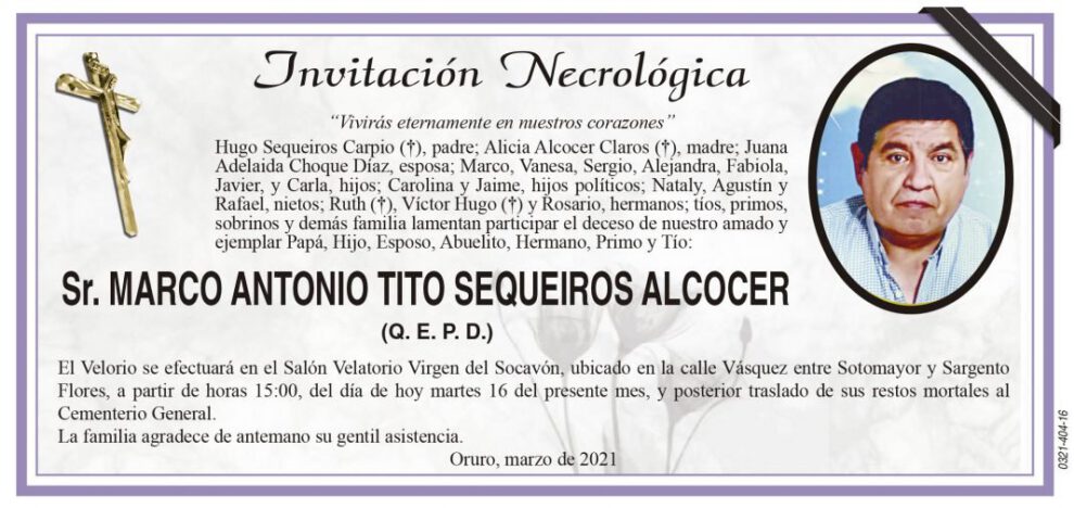 Invitación Necrológica de Marco Antonio Tito Sequeiros Alcocer