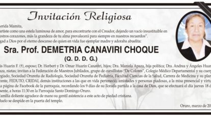 Invitación Religiosa: Sra. Prof. Demetria Canaviri Choque