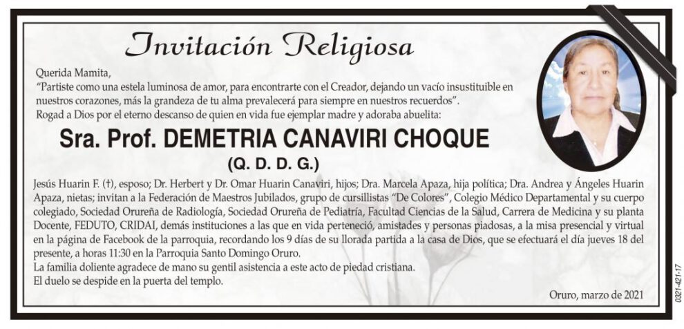 Invitación Religiosa: Sra. Prof. Demetria Canaviri Choque