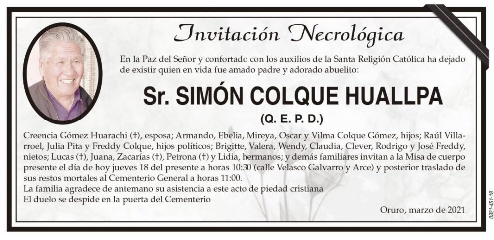 Invitación Necrológica: Simón Colque Huallpa
