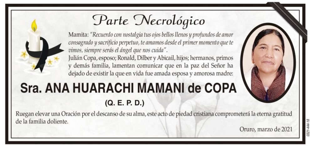 Necrológico de Ana Huarachi Mamani de Copa