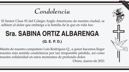 Condolencia por la pérdida de Sabina Ortiz Albarrenga