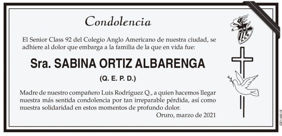 Condolencia por la pérdida de Sabina Ortiz Albarrenga