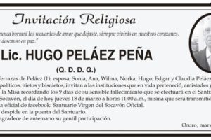 Lic. Hugo Peláez Peña, invitación a misa recordatoria