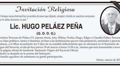 Lic. Hugo Peláez Peña, invitación a misa recordatoria