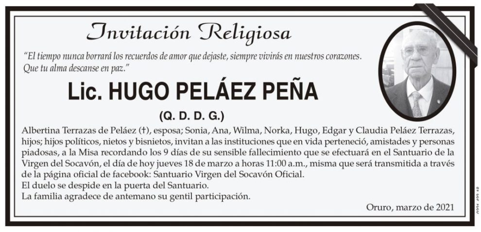Lic. Hugo Peláez Peña, invitación a misa recordatoria