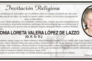 Invitación religiosa por Sra. Sonia Loreta Valera López de Lazzo
