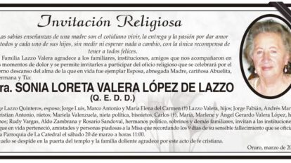 Invitación religiosa por Sra. Sonia Loreta Valera López de Lazzo