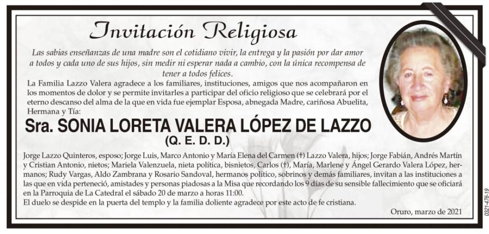 Invitación religiosa por Sra. Sonia Loreta Valera López de Lazzo