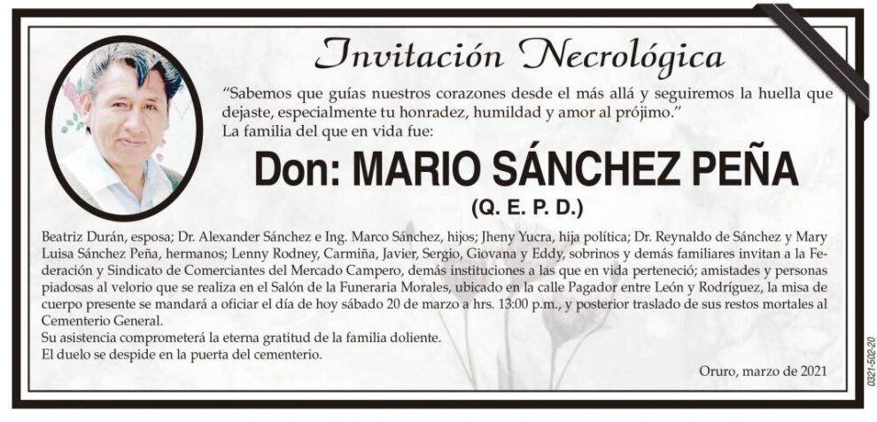Invitación Necrológica: Don Mario Sánchez Peña