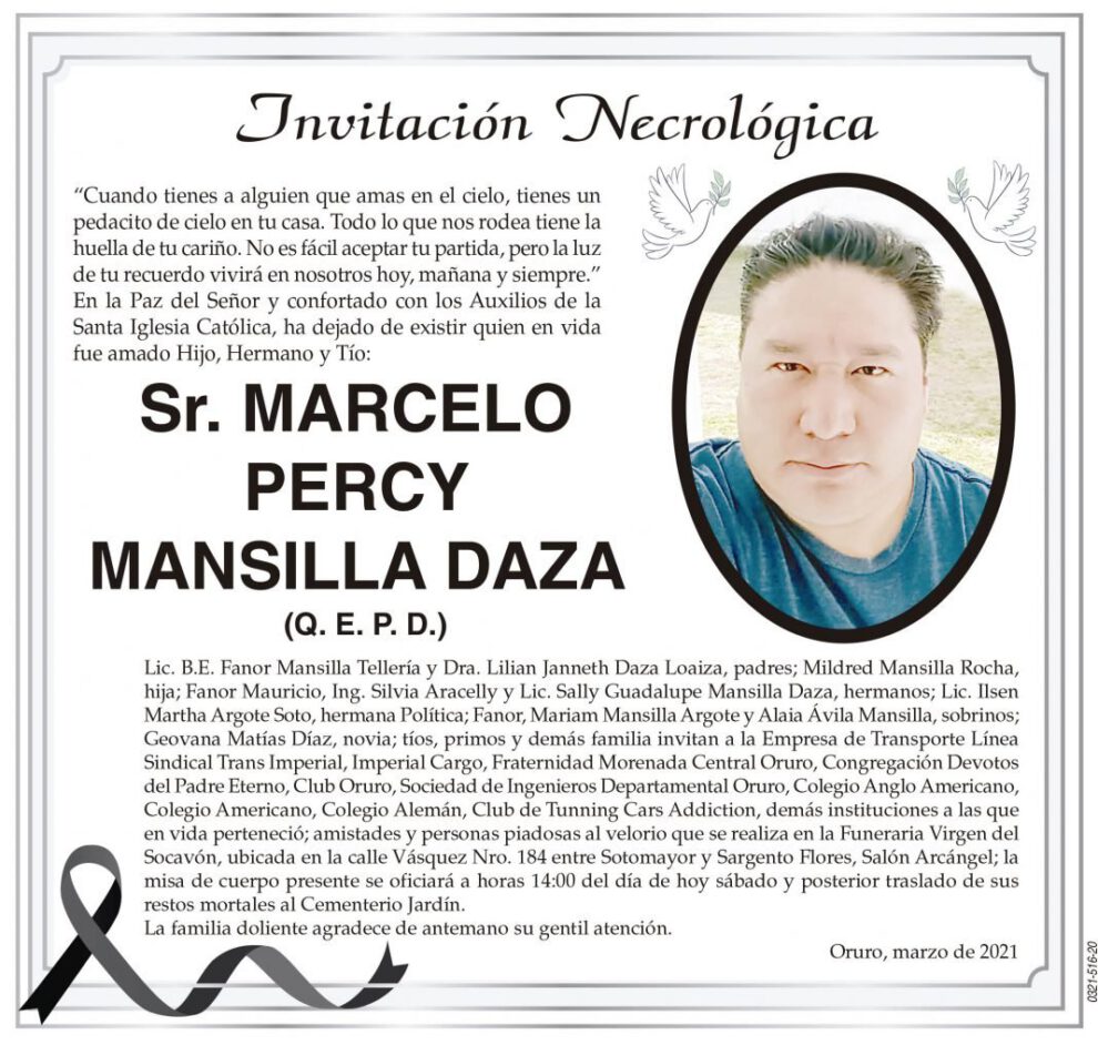 Invitación Necrológica: Sr. Marcelo Percy Mansilla Daza