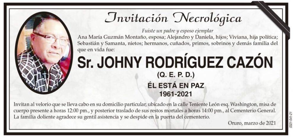 Necrológica Sr. JOHNY RODRÍGUEZ CAZÓN