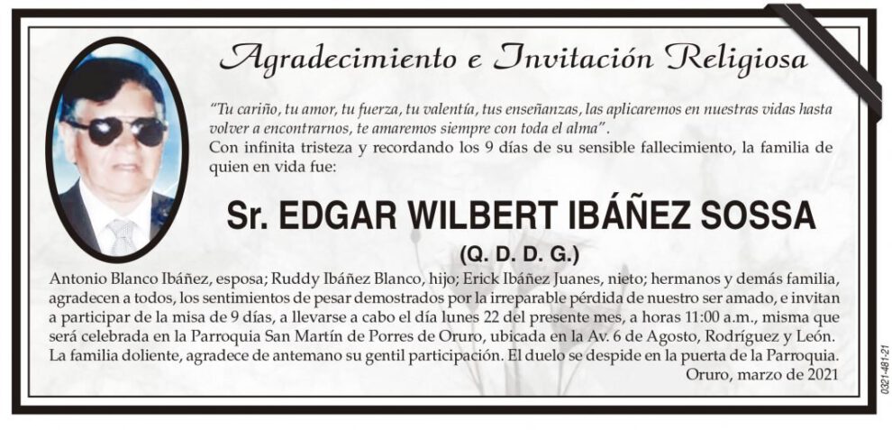 Agradecimiento e Invitación Religiosa: Sr. Edgar Wilbert Ibáñez Sossa