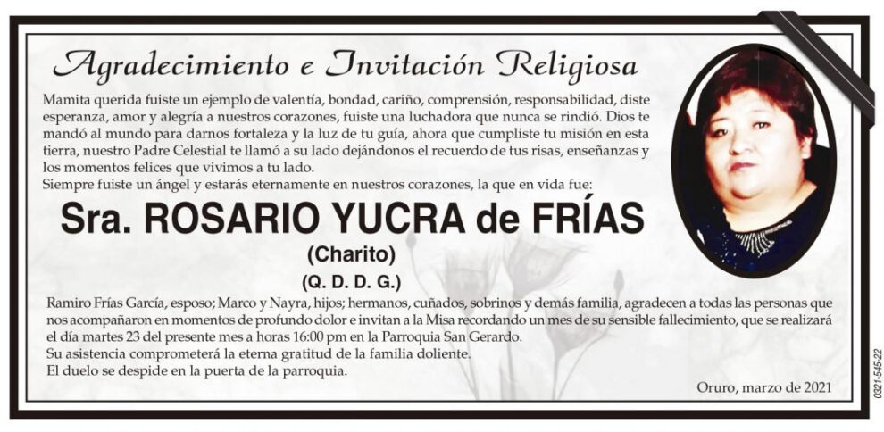 Agradecimiento e Invitación Religiosa: Sra. Rosario Yucra de Frías