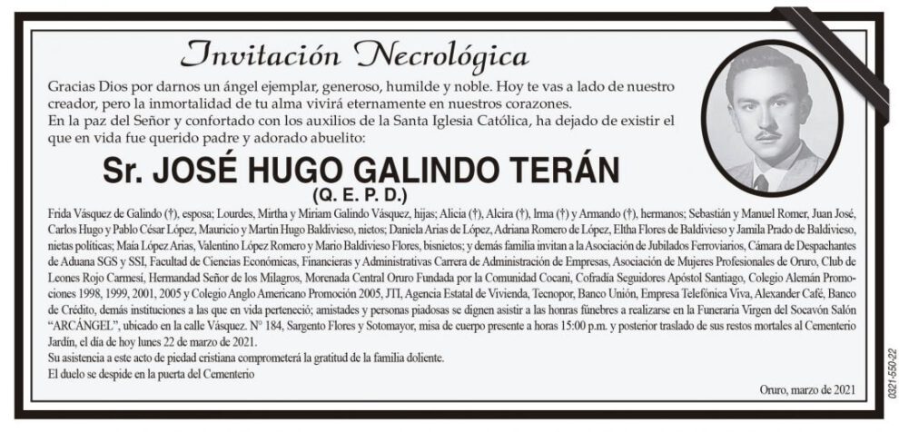 Invitación Necrológica: José Hugo Galindo Terán
