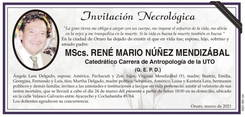 Invitación Necrológica de René Mario Núñez Mendizábal