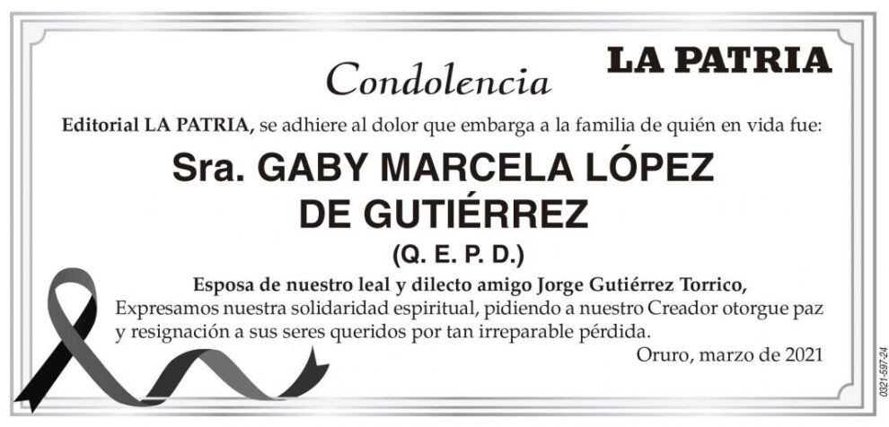 Condolencia por Gaby Marcela López de Gutiérrez