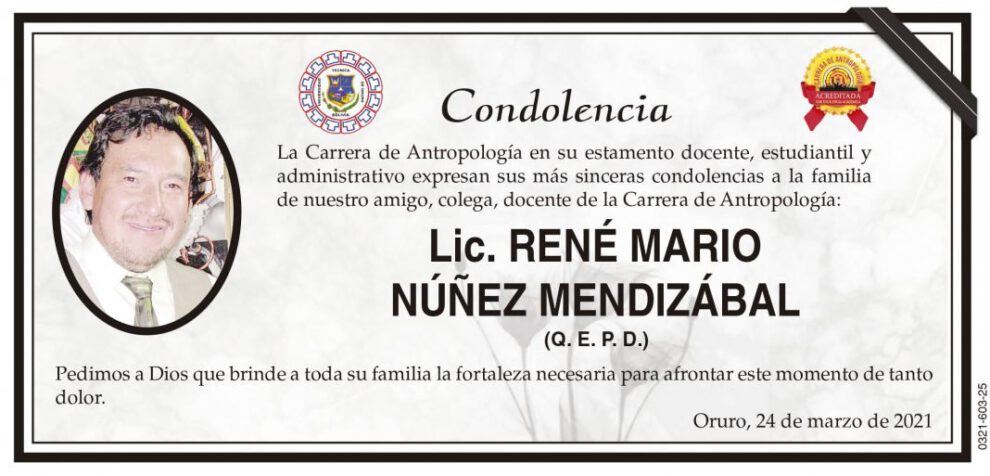 Condolencia por el Lic. René Mario Núñez Mendizábal
