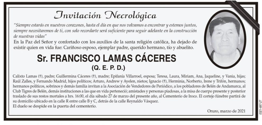Invitación Necrológica: Sr. Francisco Lamas Cáceres (Q. E. P. D.)