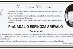 Invitación Religiosa en memoria de Prof. ADALID ESPINOZA ARÉVALO