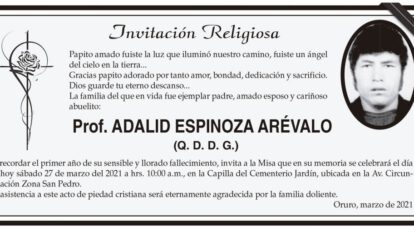 Invitación Religiosa en memoria de Prof. ADALID ESPINOZA ARÉVALO