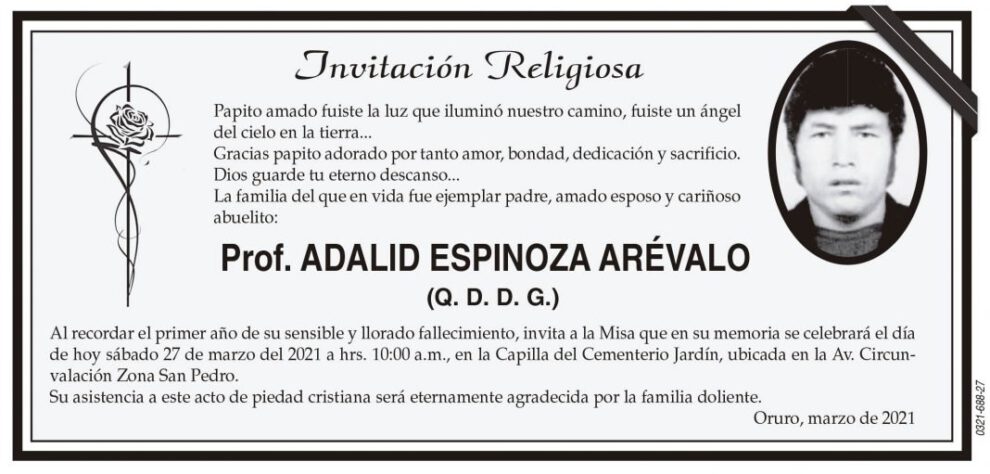 Invitación Religiosa en memoria de Prof. ADALID ESPINOZA ARÉVALO