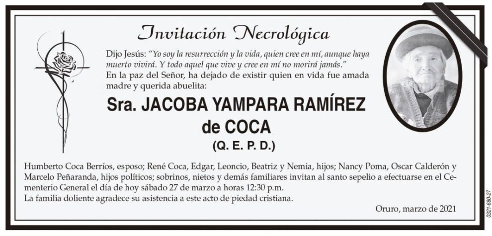Invitación Necrológica de Jacoba Yampara Ramírez