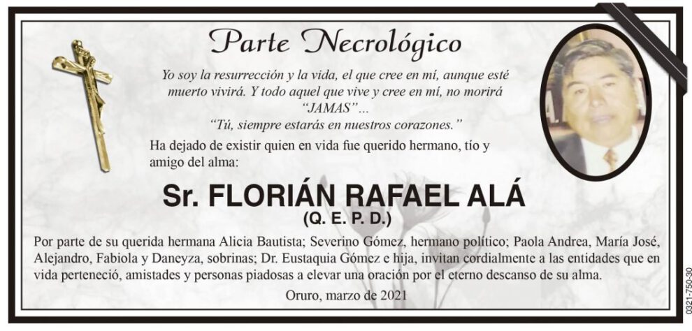 Parte Necrológico de Florián Rafael Alá