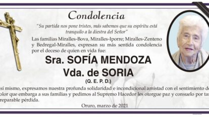 Condolencia por el deceso de Sofía Mendoza Vda. de Soria