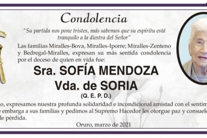 Condolencia por el deceso de Sofía Mendoza Vda. de Soria