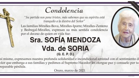 Condolencia por el deceso de Sofía Mendoza Vda. de Soria