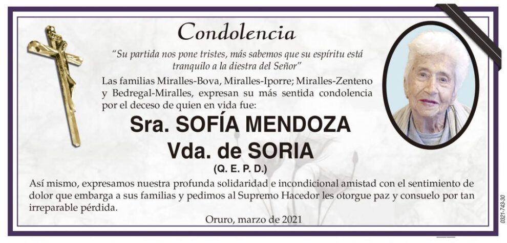 Condolencia por el deceso de Sofía Mendoza Vda. de Soria