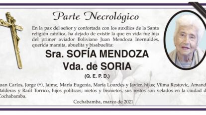 Parte Necrológico de Sofía Mendoza Vda. de Soria