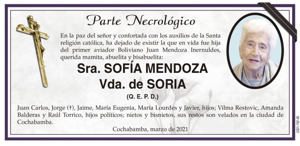 Parte Necrológico de Sofía Mendoza Vda. de Soria