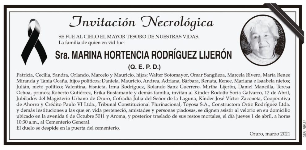 Invitación Necrológica de Marina Hortencia Rodríguez Lijerón