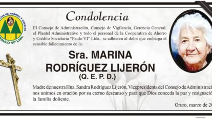 Condolencia por el fallecimiento de Marina Rodríguez Lijerón