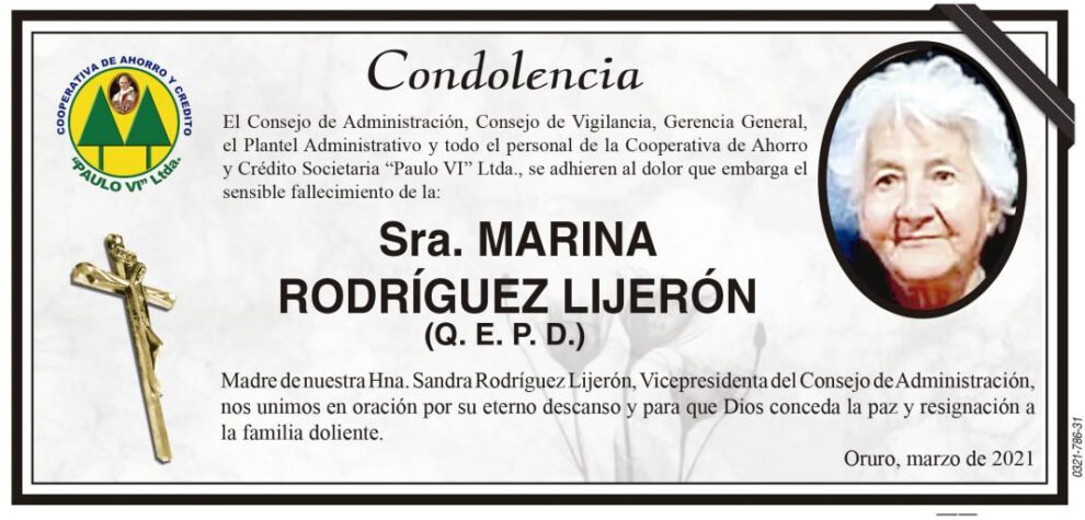 Condolencia por el fallecimiento de Marina Rodríguez Lijerón