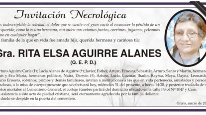 Invitación Necrológica para Rita Elsa Aguirre Alanes