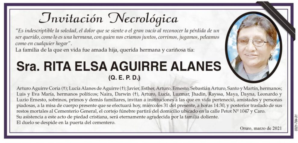 Invitación Necrológica para Rita Elsa Aguirre Alanes