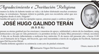 Agradecimiento e Invitación Religiosa: José Hugo Galindo Terán