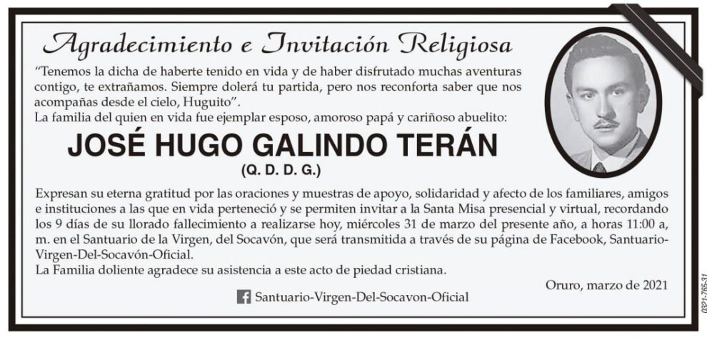 Agradecimiento e Invitación Religiosa: José Hugo Galindo Terán