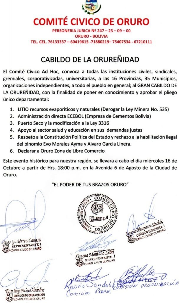Gran Cabildo de la Orureñidad convocado por el Comité Cívico Ad Hoc de Oruro