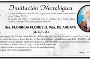 Invitación necrológica de Florinda Flores G. Vda. de Ardaya