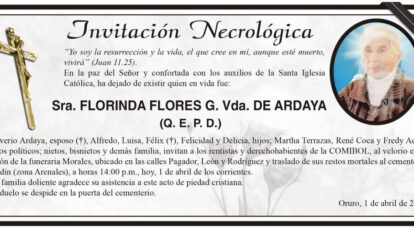 Invitación necrológica de Florinda Flores G. Vda. de Ardaya