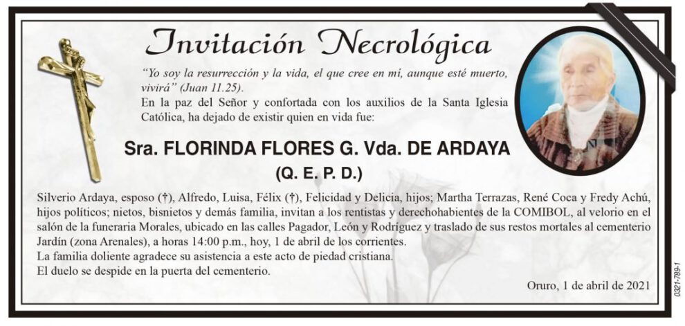 Invitación necrológica de Florinda Flores G. Vda. de Ardaya